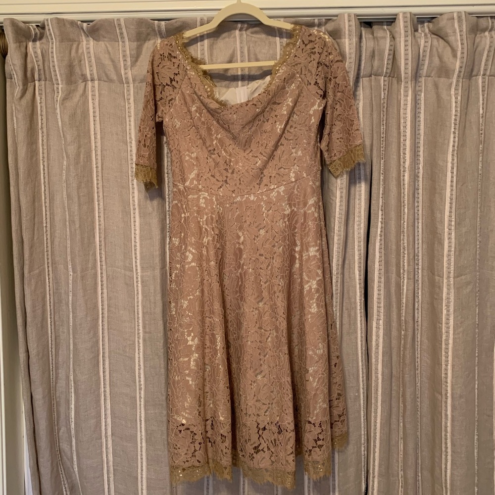 Tan, lace, off shoulder midi dress, 4, NWT